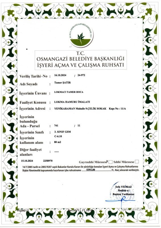 İŞYERİ AÇMA VE ÇALIŞMA RUHSATIMIZ